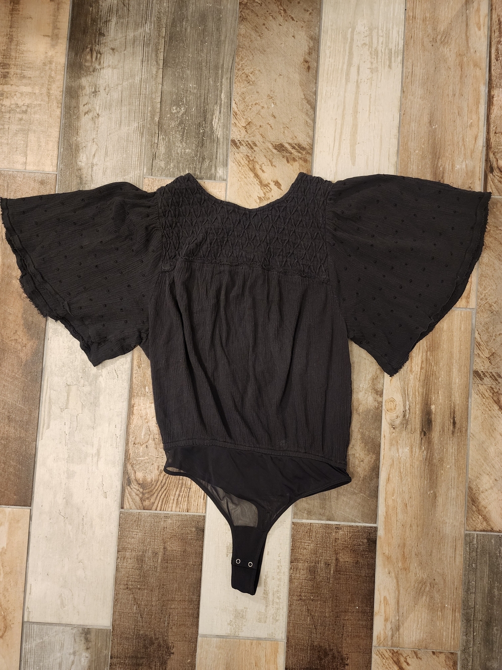 Free People Intimately Perfect Catch Boho Smocked Black Flutter-Sleeve Bodysuit